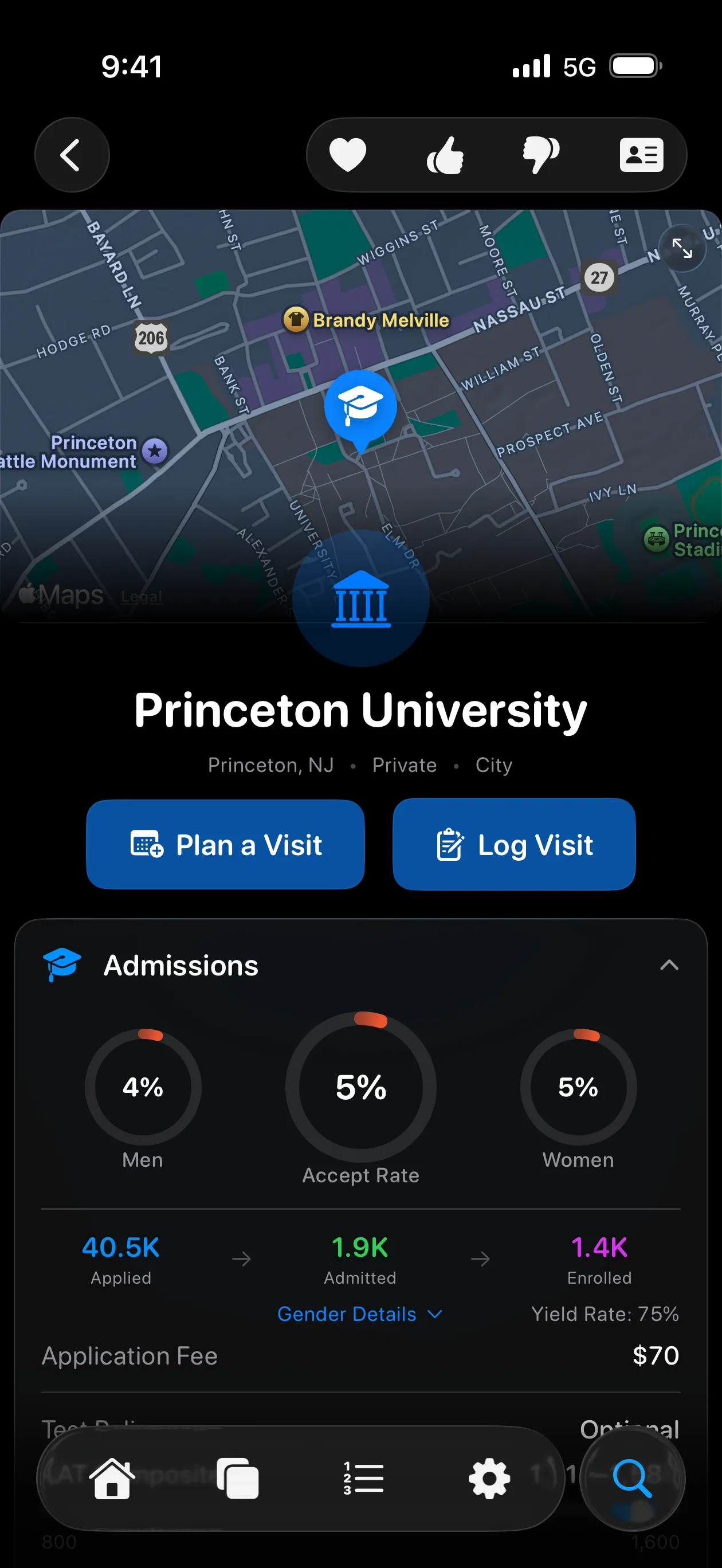 Toured app college info sheet for Princeton University showing admissions stats, tuition, and outcomes