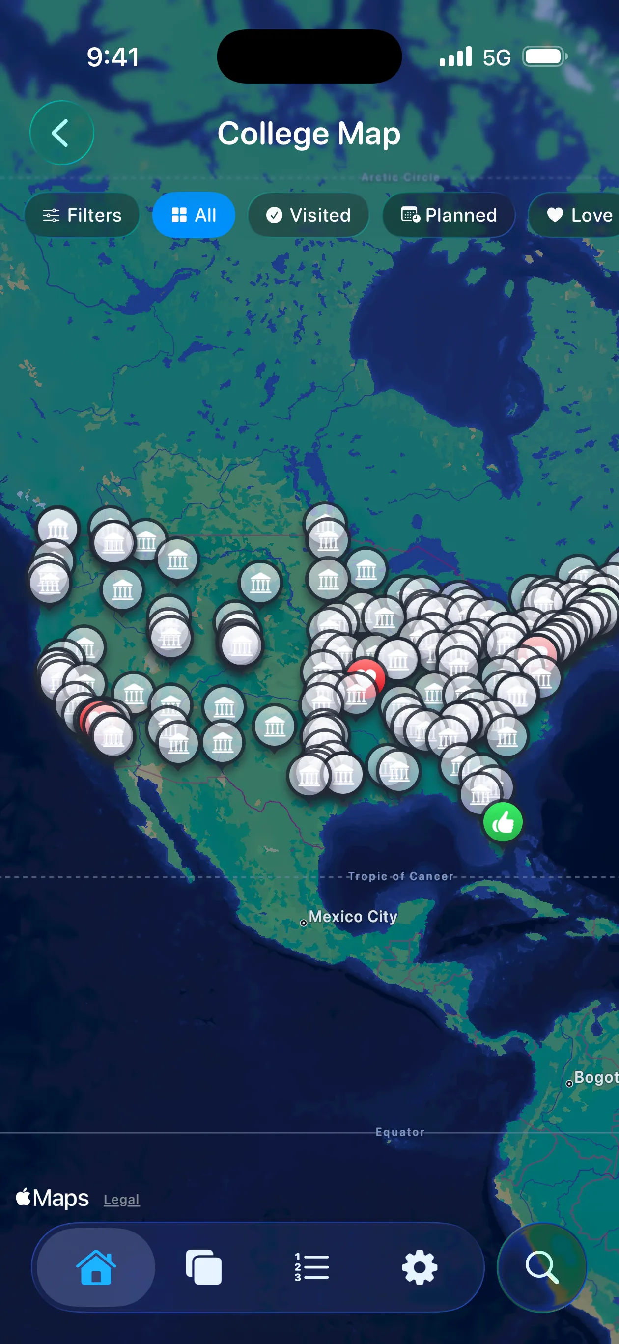 Toured app college map showing schools by location across the United States
