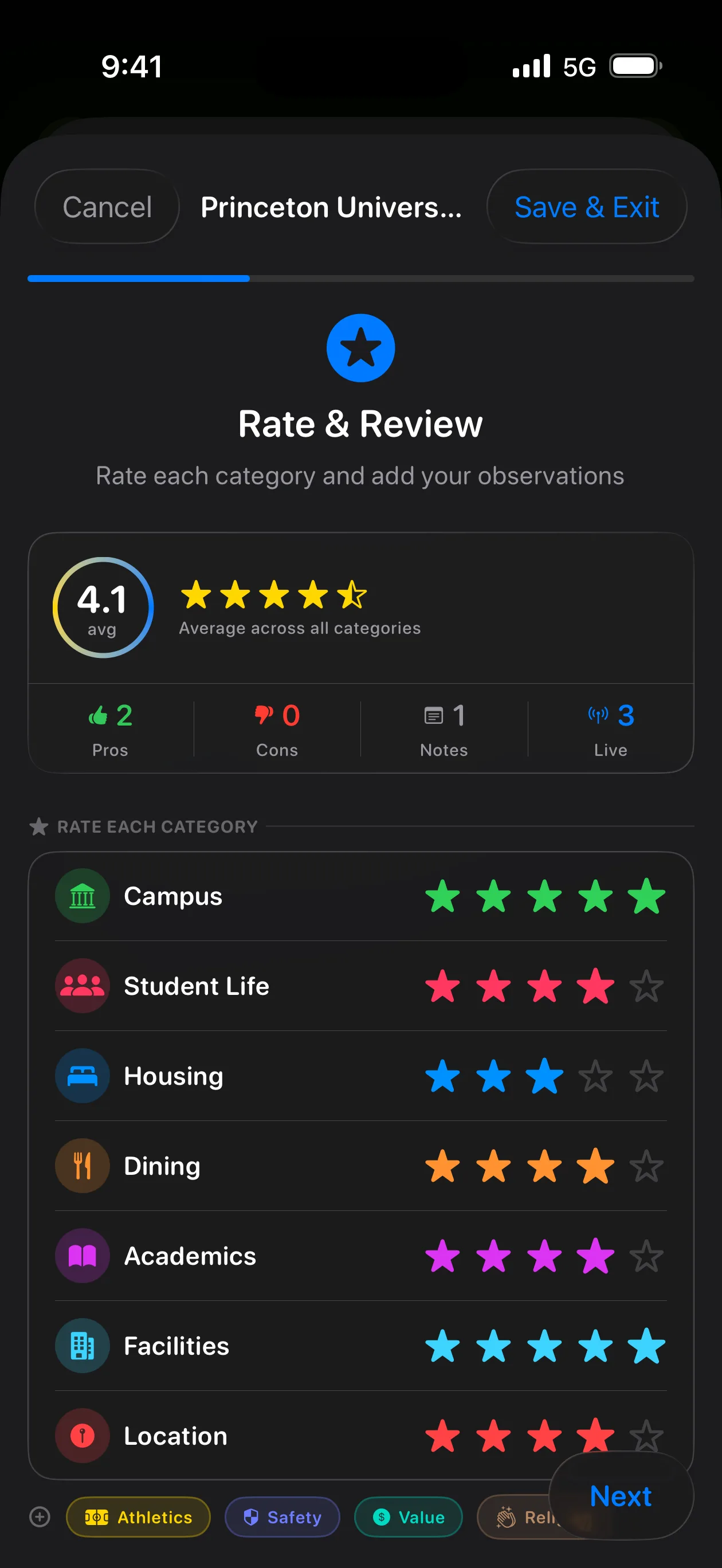 Rate and Review screen in Toured showing rating categories for a college visit